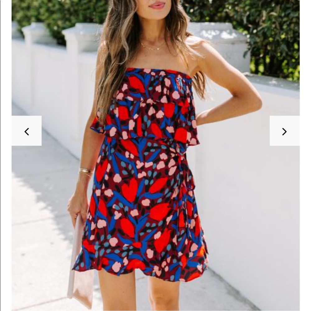 Strapless printed elastic waistband tie dress